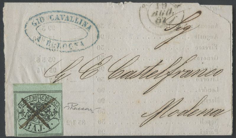 Vaccari, Lettera postale del 19.08.1859 Bologna–Modena con 1 b. verde azzurro (n. 2a) annullato a...