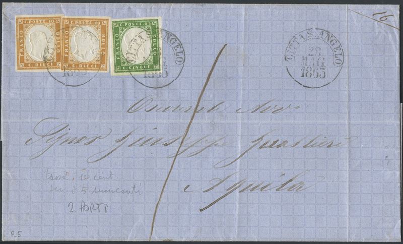 Francobolli, Sardegna. Storia postale: busta affrancata per l’Aquila (26.05.1863)