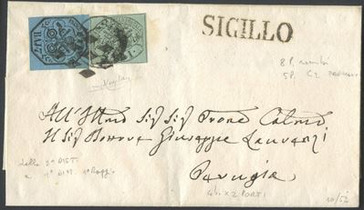 Raybaudi, Affrancatura postale con busta e sigillo per Perugia (1862) – 1b. verde azzurro n. 2a +...