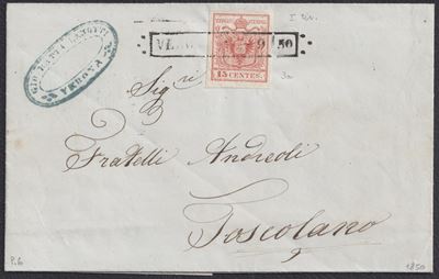 Lombardo-Veneto, Storia postale: lettera da Verona a Toscolano affrancata con 15 cent. rosso (tir...