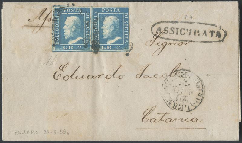 Alberto Diena, Sicilia - Storia postale: busta assicurata Palermo-Catania (20 agosto 1859)