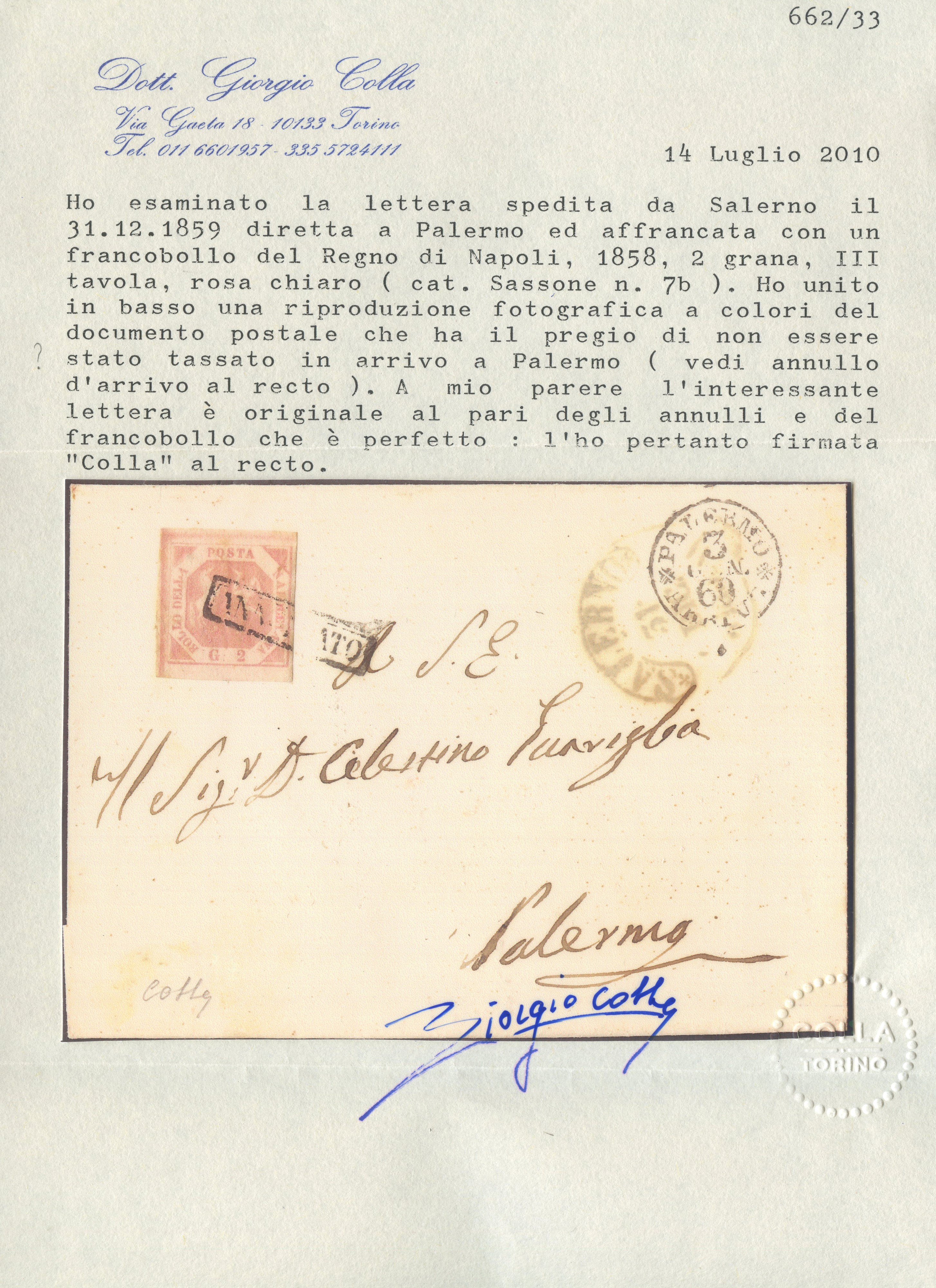 Francobollo e affrancatura postale, Busta Salerno–Palermo (03.01.1860)
