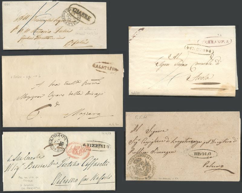 Collezione epistolare, Sicilia – Storia postale, cinque lettere non affrancate (1859)