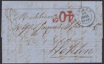 Lettera non affrancata, Prato–Svizzera (12 dicembre 1859), tassazione in arrivo