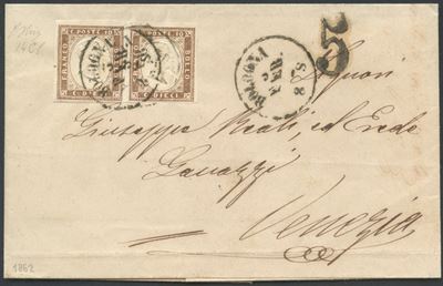 Emissione del 3 febbraio 1862, Lettera Bologna-Venezia affrancata con coppia di 10 cent. Bruno (n...