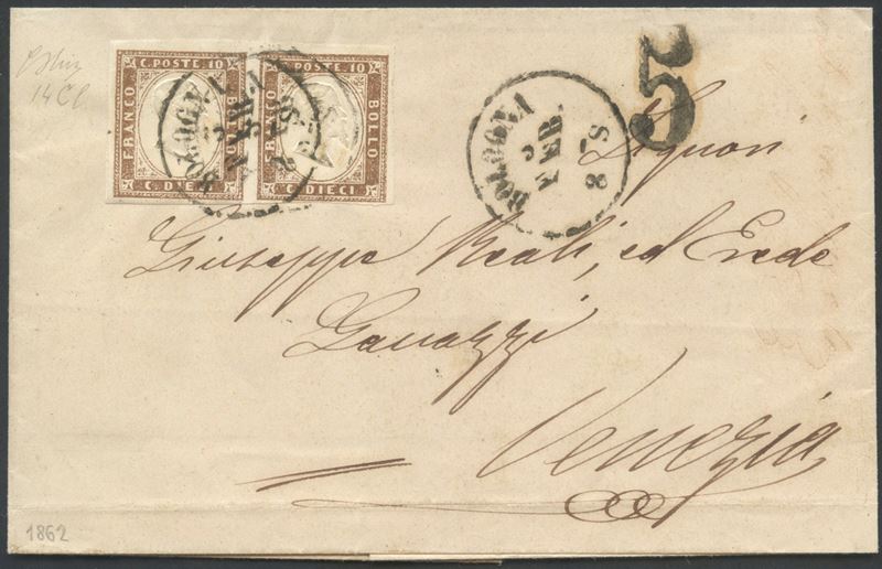 Emissione del 3 febbraio 1862, Lettera Bologna-Venezia affrancata con coppia di 10 cent. Bruno (n...