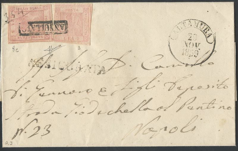 Sorani, Napoli – Storia postale (busta da Altamura per Napoli, affrancatura da 6 grana, 20.11.185...