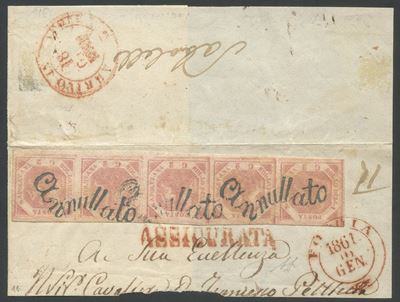 Frammento di lettera assicurata, Napoli – Svolazzi (Foggia), 5×2 gr rosa chiaro n. 5