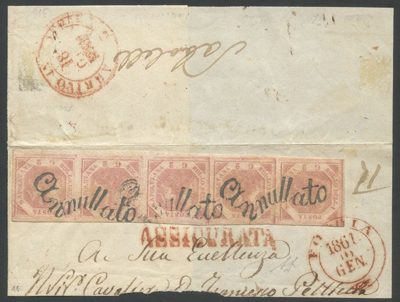 Frammento di lettera assicurata, Napoli – Svolazzi (Foggia), 5×2 gr rosa chiaro n. 5