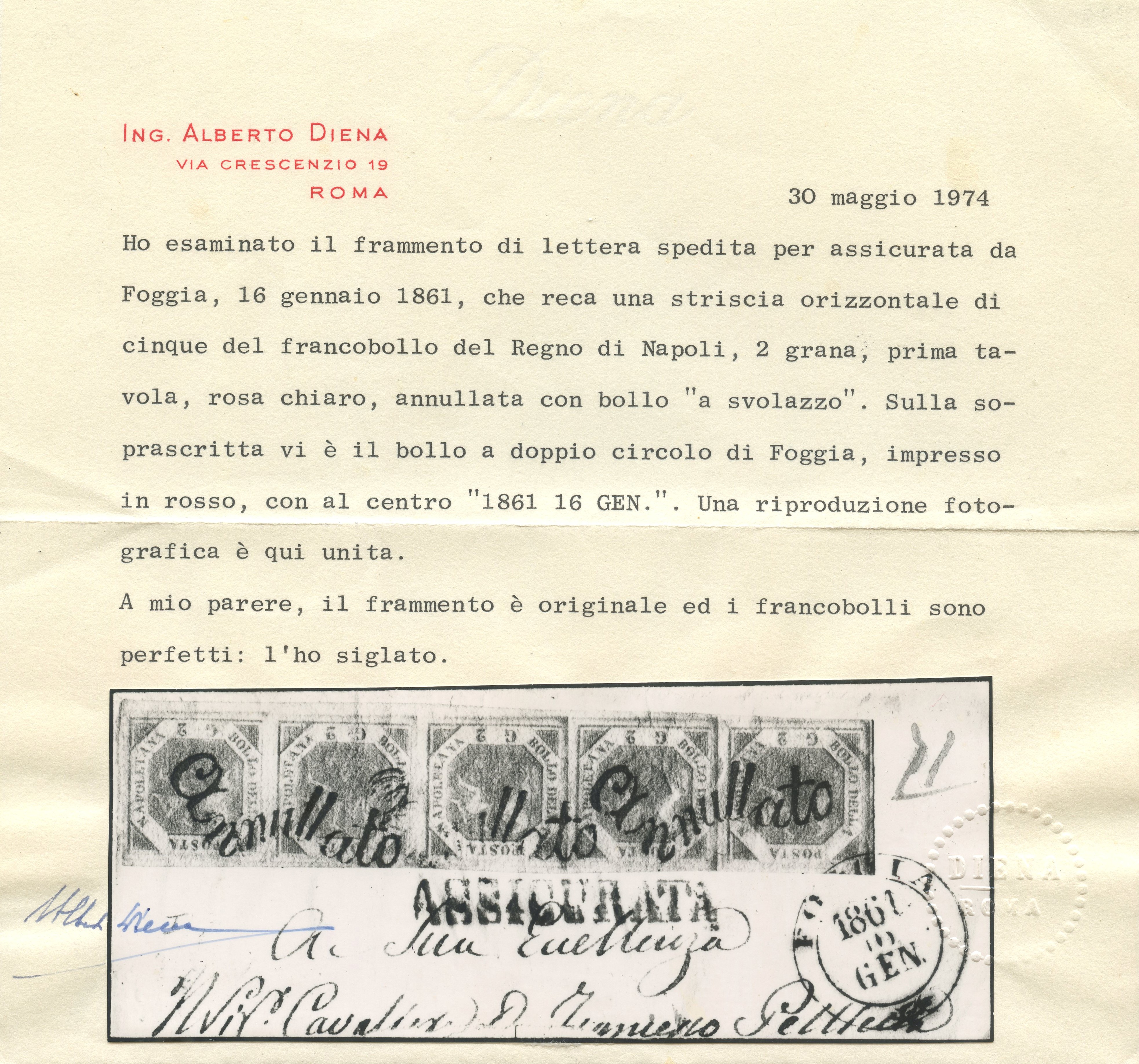 Frammento di lettera assicurata, Napoli – Svolazzi (Foggia), 5×2 gr rosa chiaro n. 5