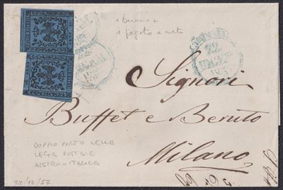 Francobolli, Modena - Storia Postale (busta 22 dicembre 1857 per Milano, affrancatura da 80 cent....