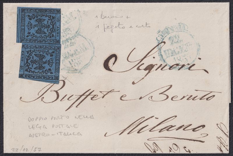 Francobolli, Modena - Storia Postale (busta 22 dicembre 1857 per Milano, affrancatura da 80 cent....