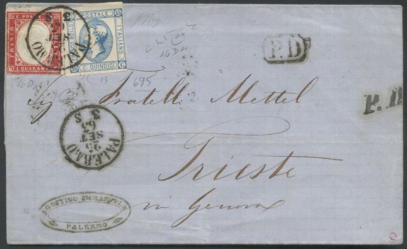 Affrancature miste, 25 settembre 1862, Palermo–Trieste (55 cent.), con francobollo 40 cent. carmi...