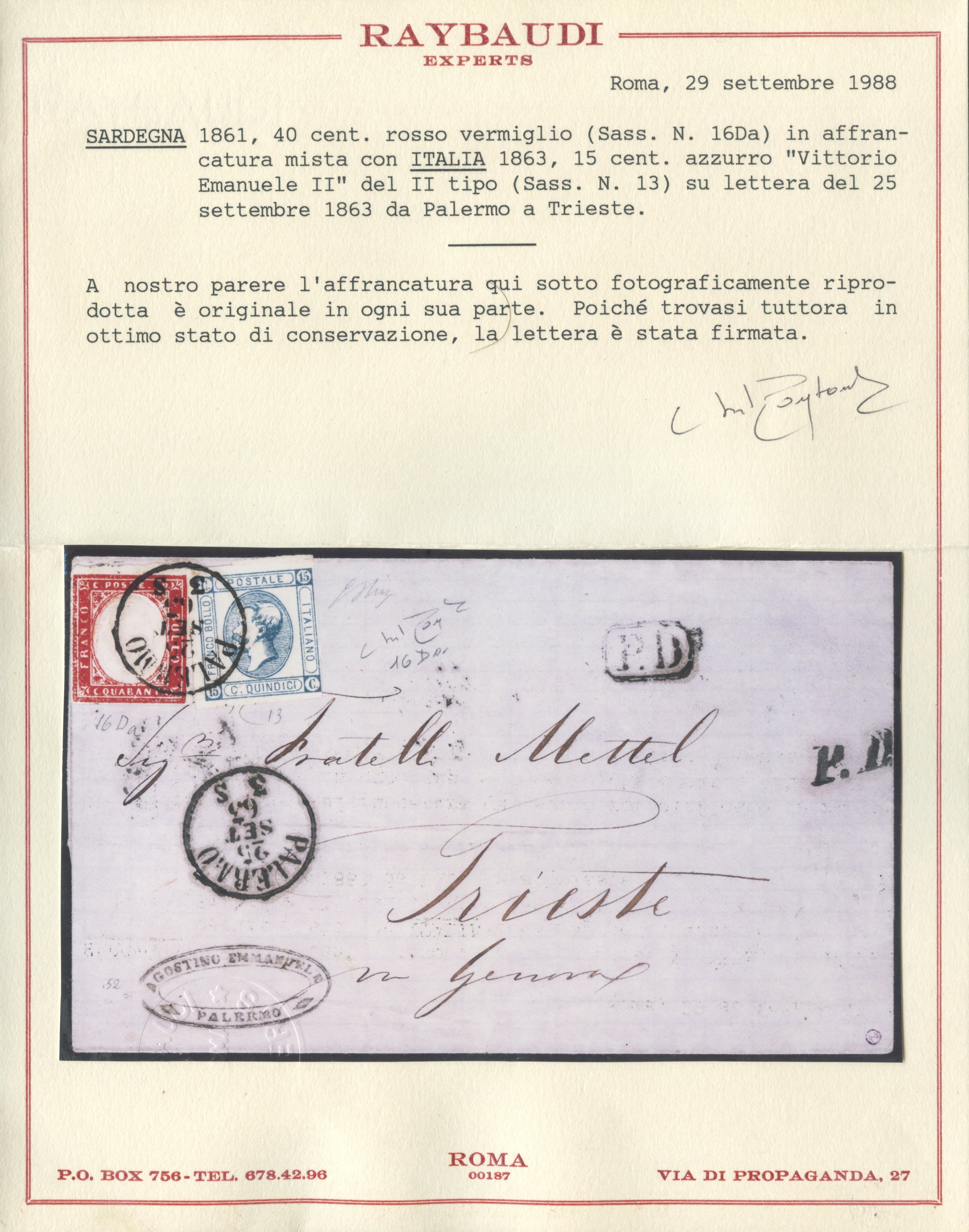 Affrancature miste, 25 settembre 1862, Palermo–Trieste (55 cent.), con francobollo 40 cent. carmi...