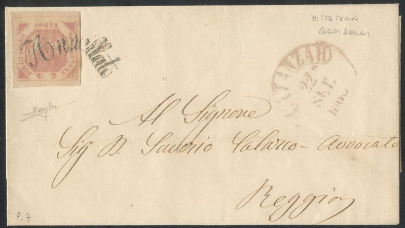 Svolazzi, Napoli – Busta postale da Catanzaro per Reggio affrancata con 2 gr rosa chiaro (7b)