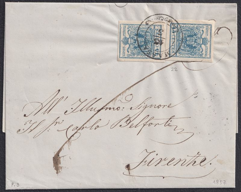 Lombardo-Veneto, Storia postale: lettera da Massa per Firenze affrancata con valori da 45 centesi...