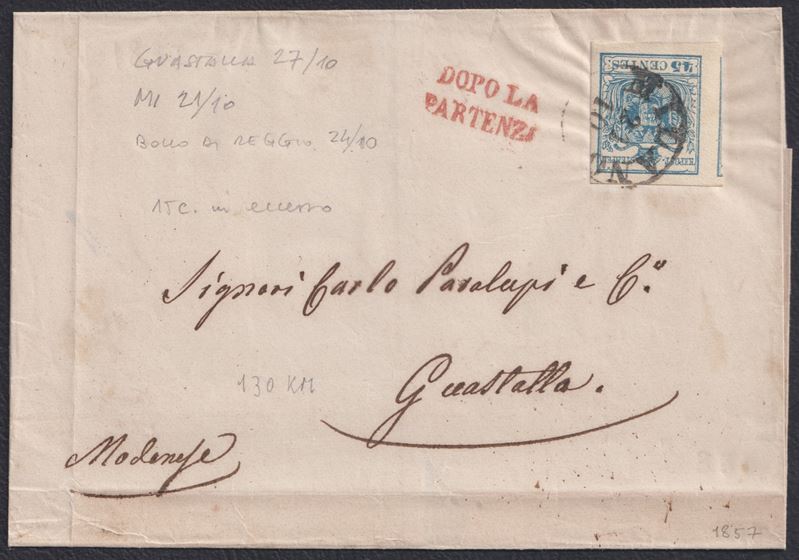 Lombardo-Veneto, busta postale da Milano per Guestalla affrancata con 45 cent. azzurro n. 22 (LUX...