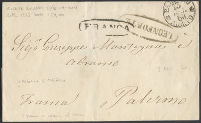 Sicilia, Storia postale: lettera non affrancata Leonforte-Palermo, 13 luglio 1860
