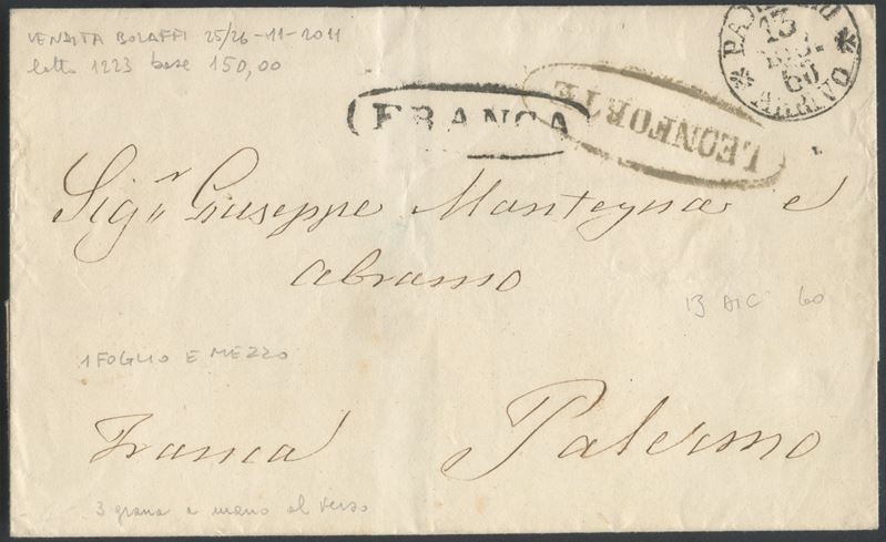 Sicilia, Storia postale: lettera non affrancata Leonforte-Palermo, 13 luglio 1860