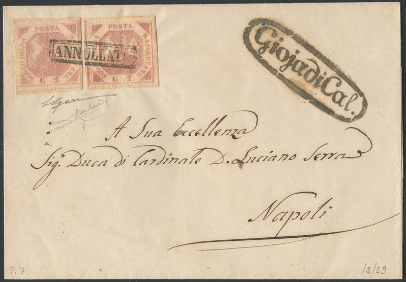 Napoli, Storia postale: busta da Gioja di Calabria per Napoli affrancata con due valori da 2 gr (...