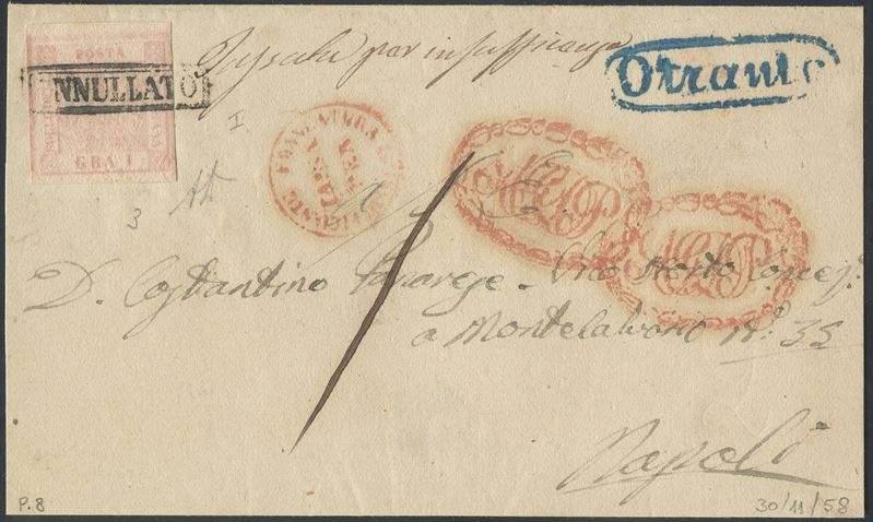 Alberto Diena, Napoli – Storia postale (busta viaggiata, 30 novembre 1858)