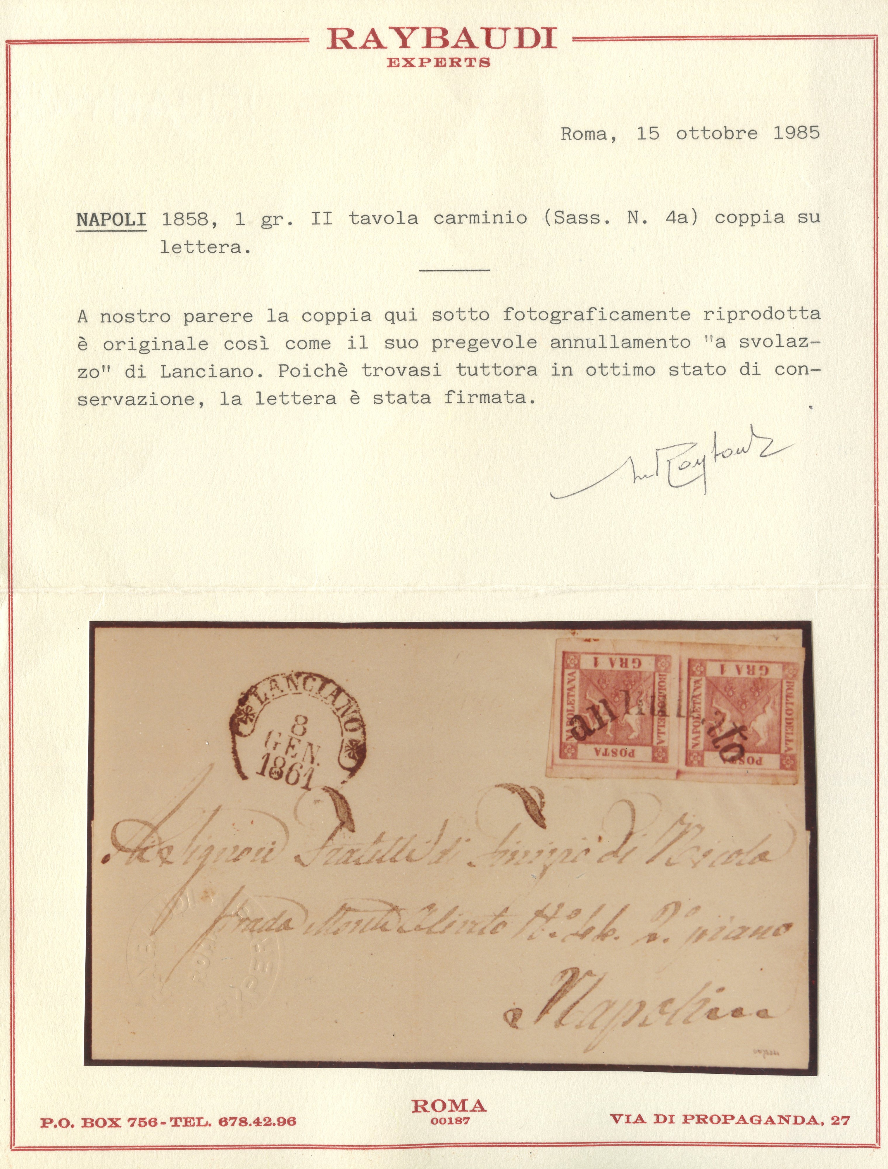 Certificato Raybaudi, Napoli – Svolazzi: lettera da Lanciano per Napoli affrancata con coppia 1 g...