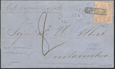 Enzo Diena, 22.10.1859 Napoli - Storia postale: busta per Civitavecchia con 10 gr carminio rosa n...