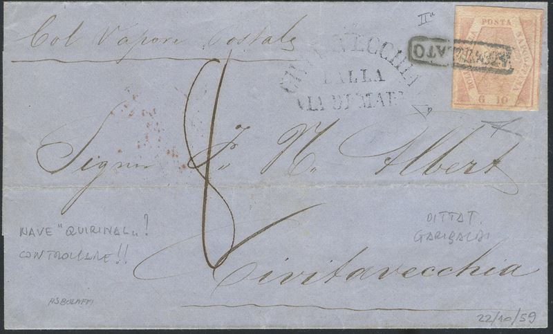 Enzo Diena, 22.10.1859 Napoli - Storia postale: busta per Civitavecchia con 10 gr carminio rosa n...