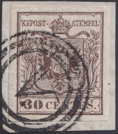 Lombardo-Veneto, 30 cent. bruno annullato tramite “Muto di Venezia” (8 pt.), su frammento