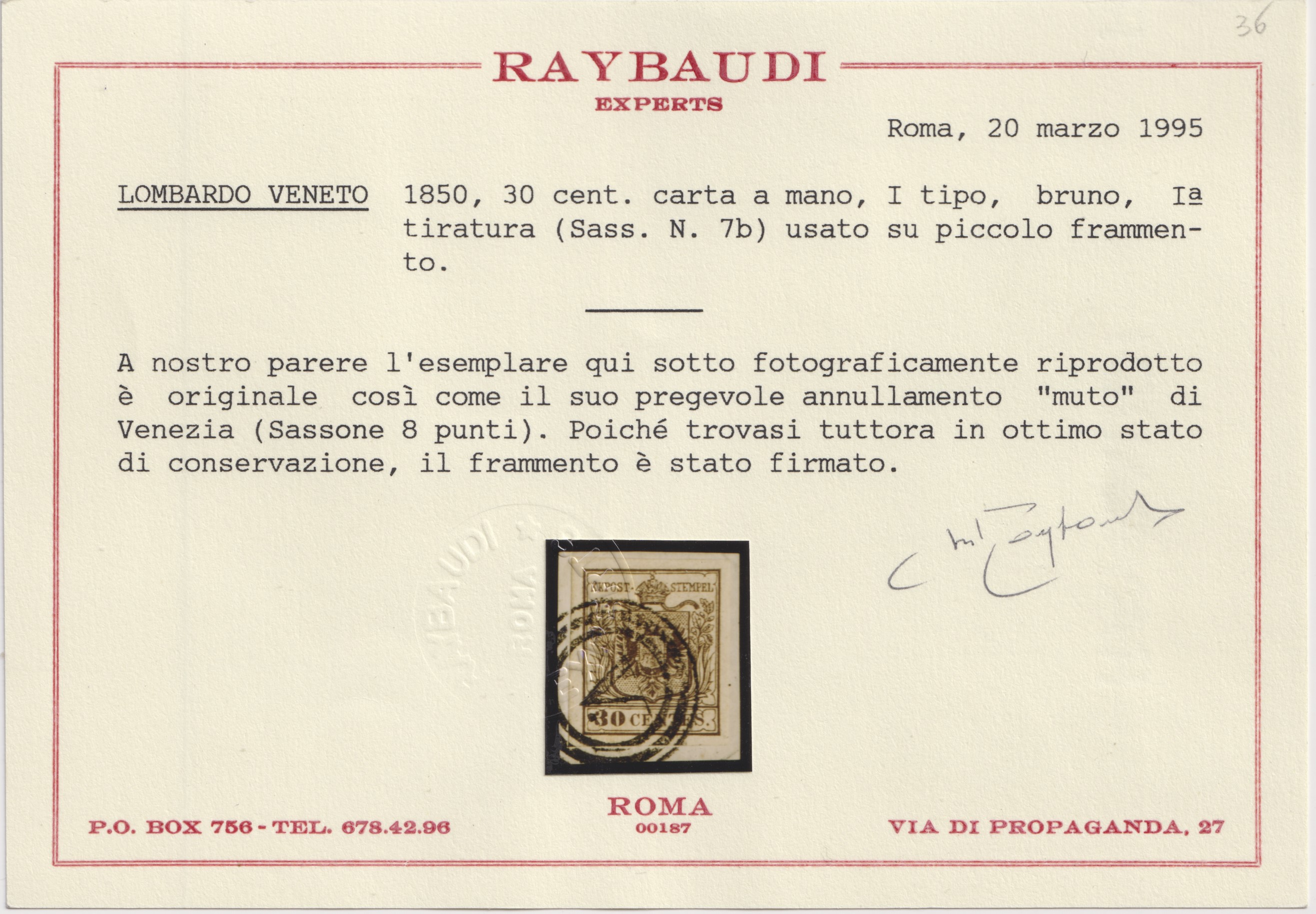 Lombardo-Veneto, 30 cent. bruno annullato tramite “Muto di Venezia” (8 pt.), su frammento