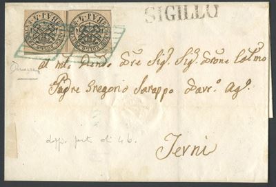 Pontificio, Busta postale 1852 da Fabriano per Terni affrancata 8 baj con coppia 4b bruno rosaceo...