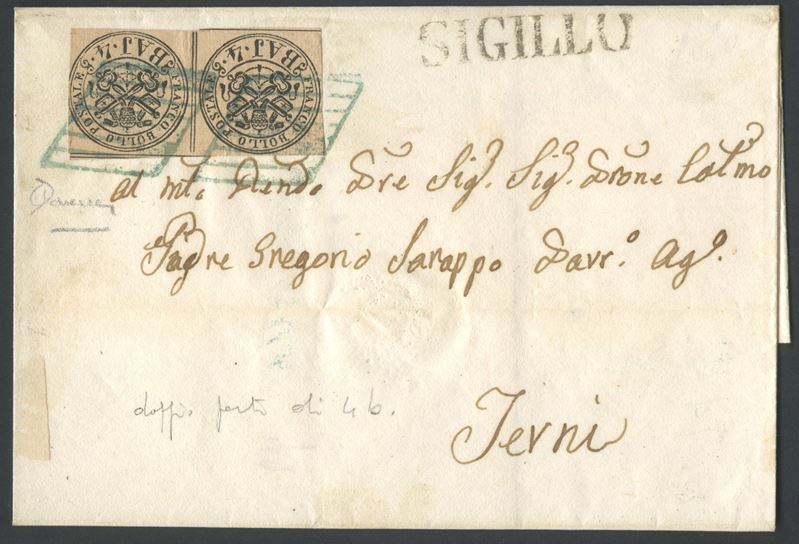 Pontificio, Busta postale 1852 da Fabriano per Terni affrancata 8 baj con coppia 4b bruno rosaceo...