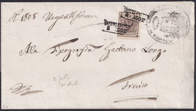 Lombardo-Veneto, busta postale da Castelfranco per Treviso con affrancatura 30 cent., francobollo...