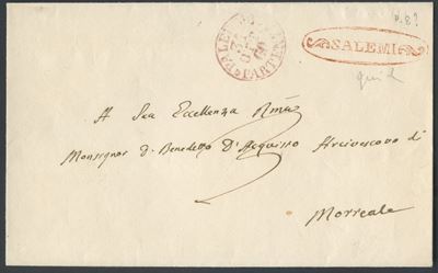 Emissione postale preunitaria, Busta non affrancata con ovale rosso di Salemi verso Morreale (31/...