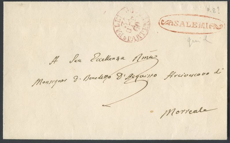 Emissione postale preunitaria, Busta non affrancata con ovale rosso di Salemi verso Morreale (31/...