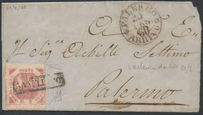 Bottacchi, Alberto Diena, Napoli per Palermo (21/02/1860) — busta postale con affrancatura 2 gr r...