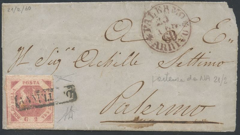 Bottacchi, Alberto Diena, Napoli per Palermo (21/02/1860) — busta postale con affrancatura 2 gr r...