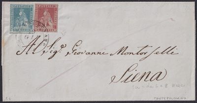 19 giugno 1853, Busta Montepulciano per Siena con affrancatura mista da 3 crazie