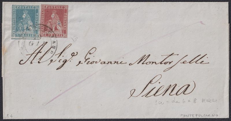 19 giugno 1853, Busta Montepulciano per Siena con affrancatura mista da 3 crazie