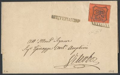 Pontificio, Storia postale: busta Montefiascone–Viterbo (1868) con francobollo da 10 cent. aranci...