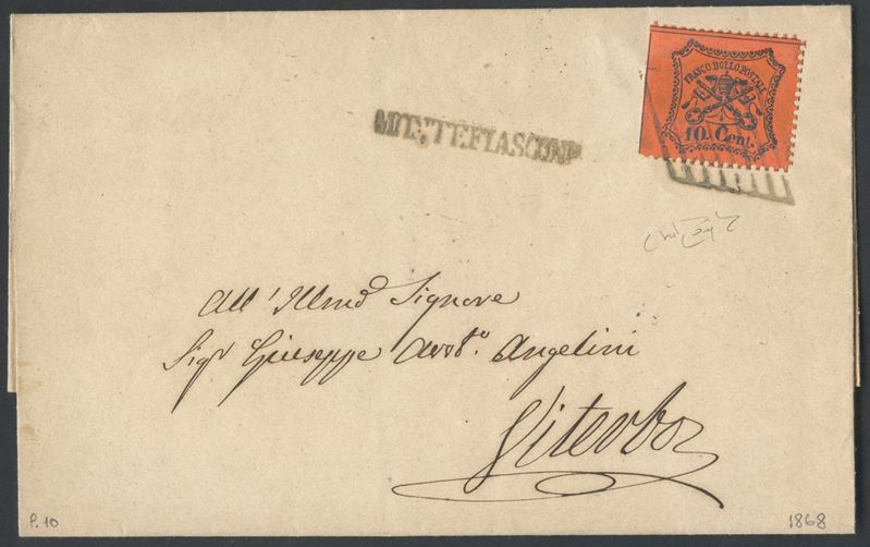 Pontificio, Storia postale: busta Montefiascone–Viterbo (1868) con francobollo da 10 cent. aranci...