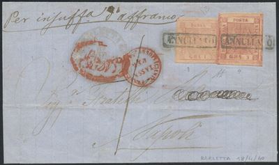 Alberto Diena, Napoli – Storia postale (18.04.1860), busta Barletta per Napoli affrancata 6 grana