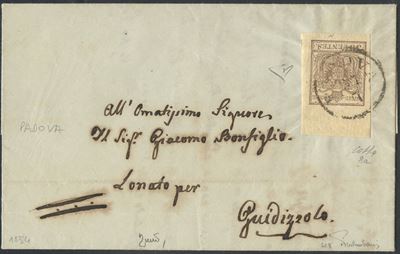 Lombardo-Veneto, Storia postale: lettera da Padova a Guidizzolo affrancata con 30 cent. bruno gri...