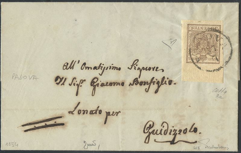 Lombardo-Veneto, Storia postale: lettera da Padova a Guidizzolo affrancata con 30 cent. bruno gri...