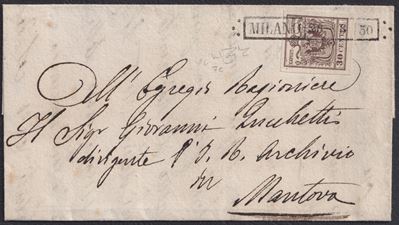 Raybaudi, 23.08.1850 Lettera da Milano per Mantova con affrancatura 30 cent. bruno scuro I tiratu...