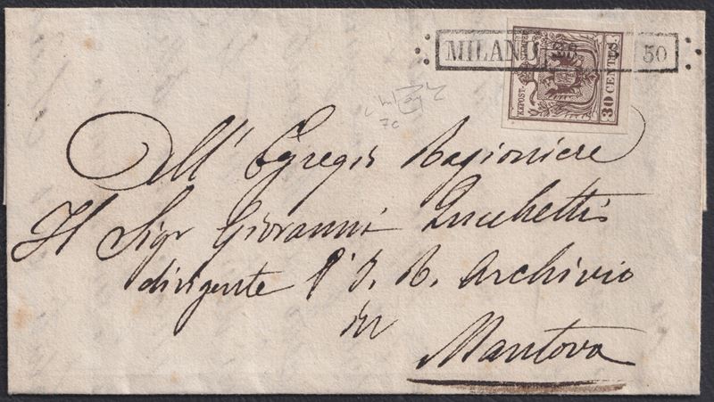 Raybaudi, 23.08.1850 Lettera da Milano per Mantova con affrancatura 30 cent. bruno scuro I tiratu...