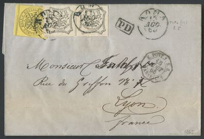 Pontificio, Storia postale: busta Roma–Lione del 13 agosto 1865 affrancata per 20 baj con valore ...