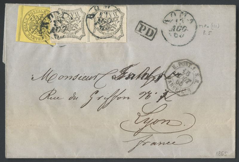 Pontificio, Storia postale: busta Roma–Lione del 13 agosto 1865 affrancata per 20 baj con valore ...