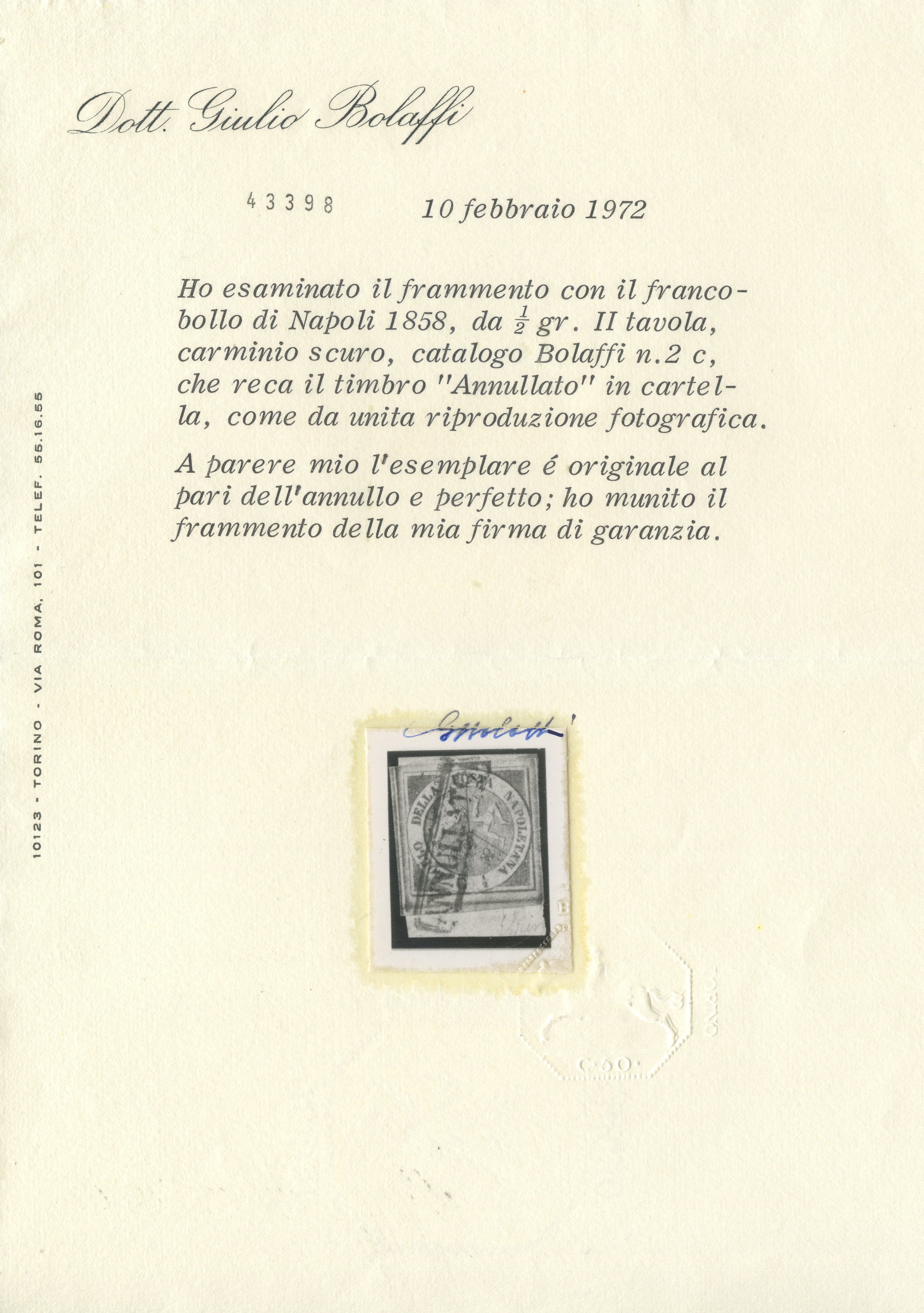 Regno di Napoli, 1/2 gr. carminio scuro (1858)