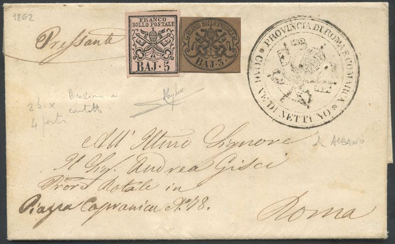 Francobolli Pontificio, 11 luglio 1862 - Lettera da Albano a Roma con affrancatura 3b e 5b